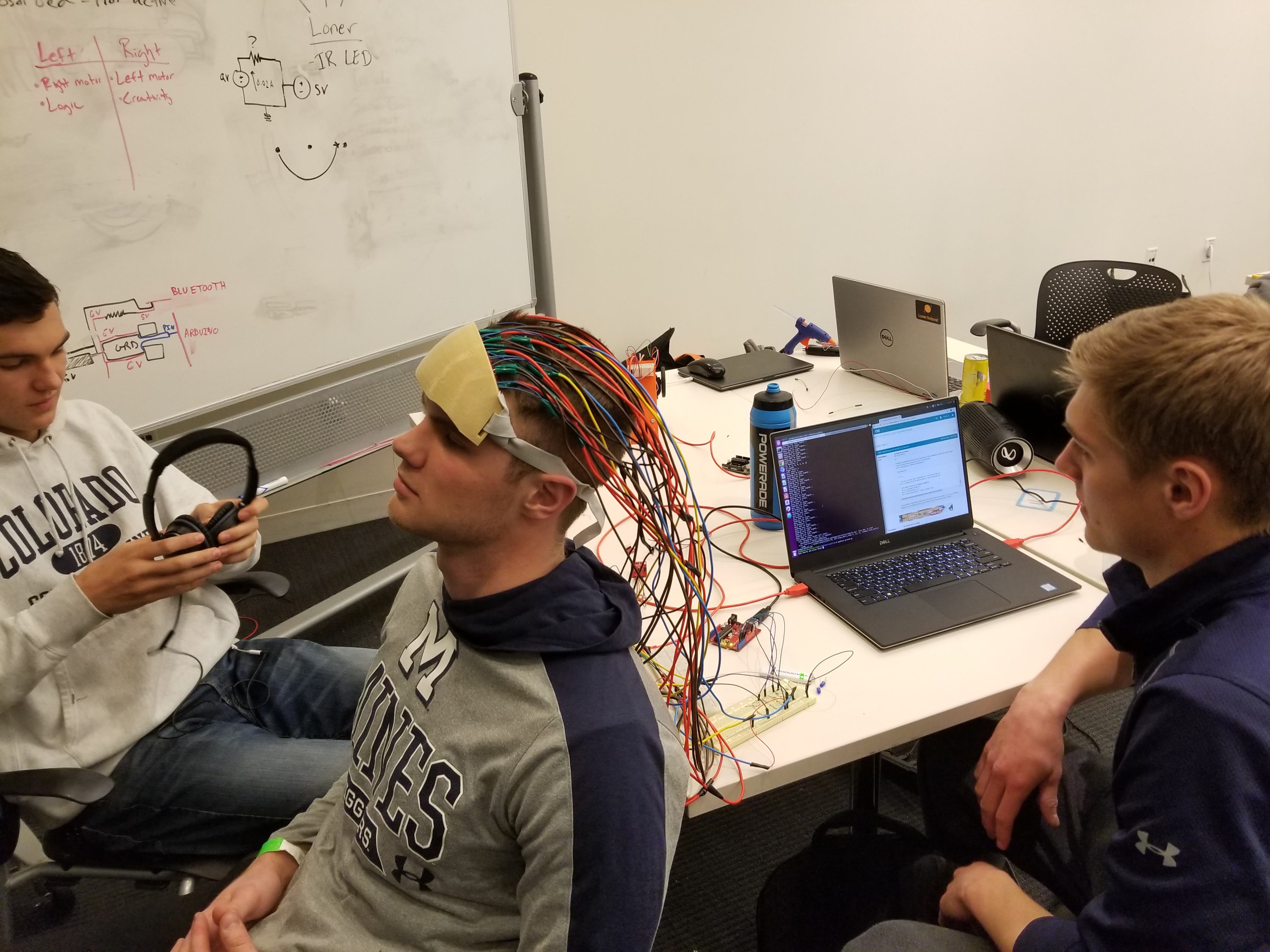 BrainAble team members work on the headset that detects brain activity.