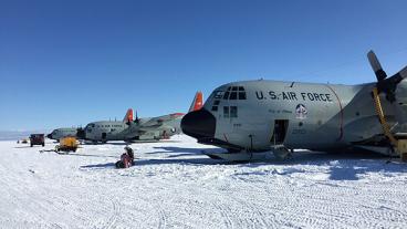 New York Air National Guard's LC-130 fleet lined up at Williams Field, the skiway at McMurdo Station, Antarctica.