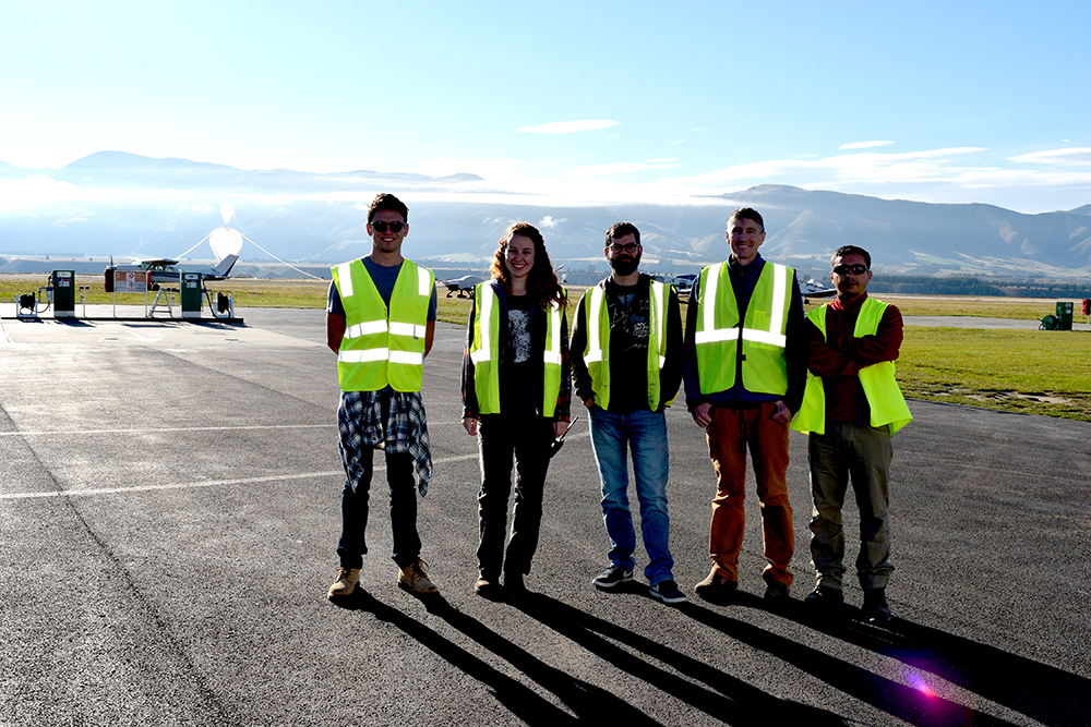 Members of the EUSO-SPB science team on launch day: From left, Leo Allen, University of Chicago; Mines' Rachel Gregg, Johannes Eser and Lawrence Wiencke; and Malek Mastafa, University of Alabama Huntsville.