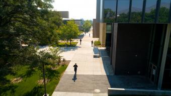 Aerial shot of people walking on Mines campus