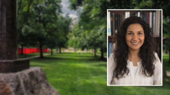 Meenakshi Singh headshot over campus background