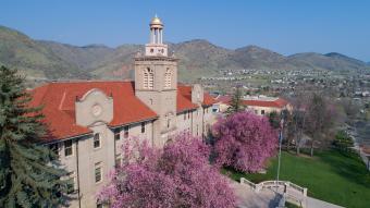 Drone image of Guggenheim Hall in spring