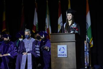 Commencement speaker Elise Renwick talks during the Dec. 17 ceremony