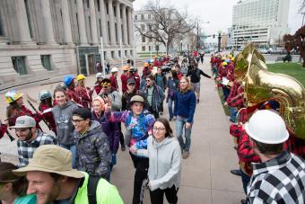 Students walk near Civic Center Park at 2019 E-Days