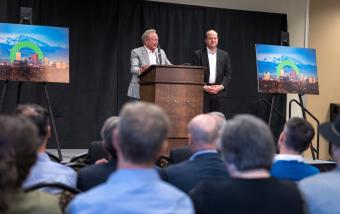 Andrew Forrest and Jared Polis speak during the FFI announcement