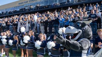 Crowd cheering on football team