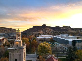 Guggenheim Hall tower and South Table Mountain at sunrise