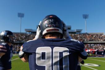 view of Mines Football player helmet at NCAA title game