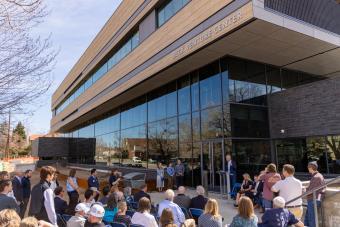 Crowd gathered outside Beck Venture Center for grand opening