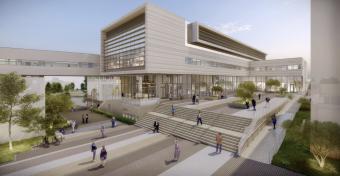 Architectural rendering of a contemporary, multi-story academic research facility with large windows, an open courtyard, and landscaped pathways with people walking and interacting.