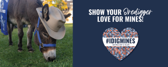 graphic with blaster and text 'show your oredigger love for mines #idigmines giving day'