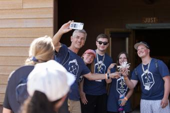 Oredigger Camp students get a selfie with Mines President Johnson
