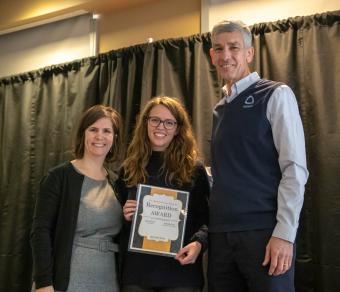 Leah Reeder receives her MLK Jr. Recognition Award from Mines President Paul C. Johnson and Andrea Salazar Morgan.