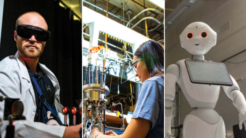 Photo collage of male researcher, female researcher and robot