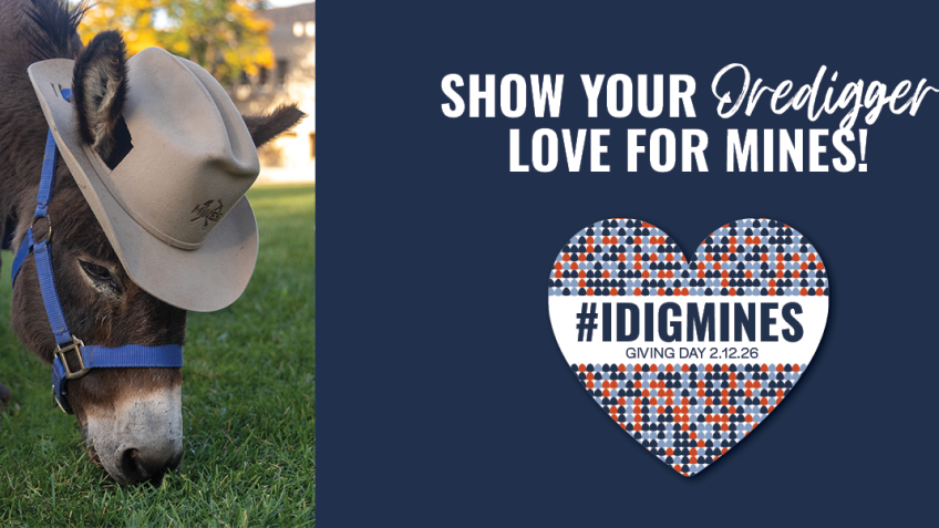 graphic with blaster and text 'show your oredigger love for mines #idigmines giving day'