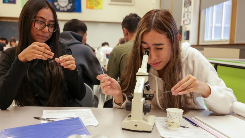 two female students look at slides in a microscope