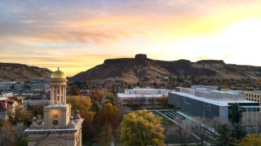 Guggenheim Hall tower and South Table Mountain at sunrise