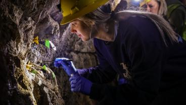 Student wearing hardhat collecting sample underground