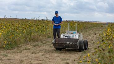 Student operates rover in sunflower field at Air and Space Port