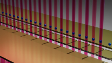  Illustration of a 1D crystal of ions, trapped by surrounding electrodes and controlled by lasers. The electrons in the ions can form a tiny magnet in one dimension. Credit: Duke University.