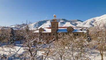 Aerial photo of Guggenheim Hall in snow