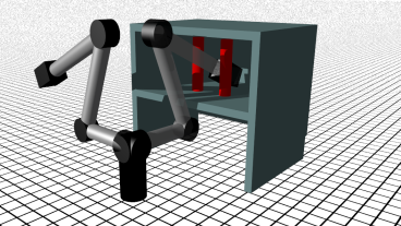 Figure of two armed robot in front of teal box