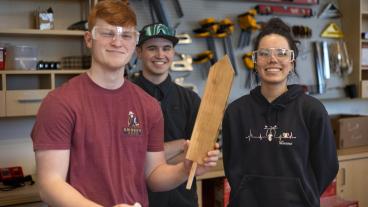 Owen Randall, Nicholas Elliott and Ivanna Martinez work on prototype in Labriola