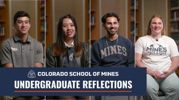Four Colorado School of Mines undergraduate students sit for interviews in a library setting, each wearing Mines apparel. A banner below them reads “Colorado School of Mines Undergraduate Reflections.”