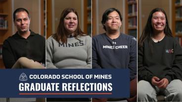 Four Colorado School of Mines graduate students sit for interviews in a library setting, each wearing Mines-branded clothing. A banner below them reads “Colorado School of Mines Graduate Reflections.”