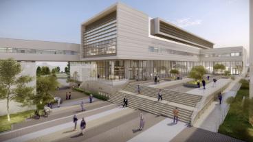 Architectural rendering of a contemporary, multi-story academic research facility with large windows, an open courtyard, and landscaped pathways with people walking and interacting.