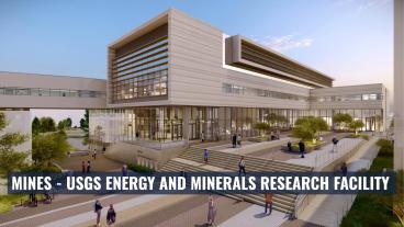 Rendering of the future Mines–USGS Energy and Minerals Research Facility, showing a modern, multi-story building with large glass windows, elevated walkways, landscaped terraces, and people walking around the exterior plaza at sunset.