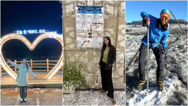 collage with photos of three Fulbright scholars in korea, morocco and iceland
