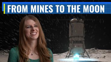 Bailey Burns with a background depicting a Blue Origin lunar lander and text reading "From Mines to the Moon."