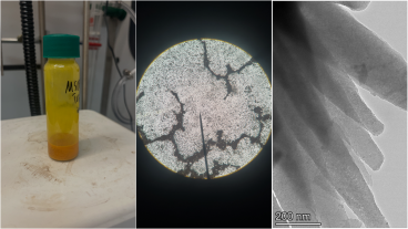 chalcogen-bonded material in a vial, under a microscope and under TEM