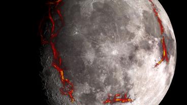 The full Moon as seen from the Earth, with the Procellarum border structures superimposed in red. (Photo Credit: Kopernik Observatory/NASA/Colorado School of Mines/MIT/JPL/Goddard Space Flight Center)