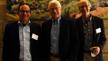 Colorado School of Mines professor Bob Kee, center, celebrates with Uwe Reidel, left, and Greg Jackson.