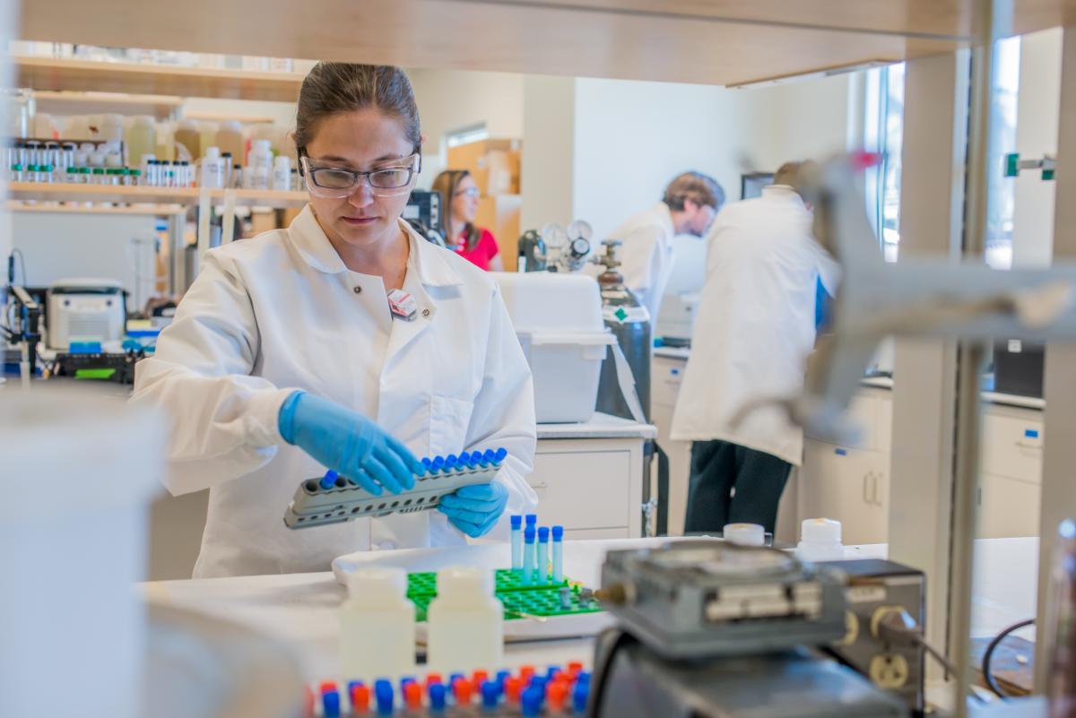 Student Erin Bertelsen works on her research in the radiochemistry lab