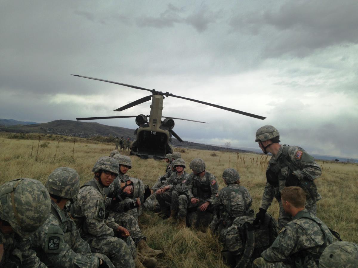 Buffalo Battalion cadets wait to board a Chinook Helicopter on top of South Table Mountain