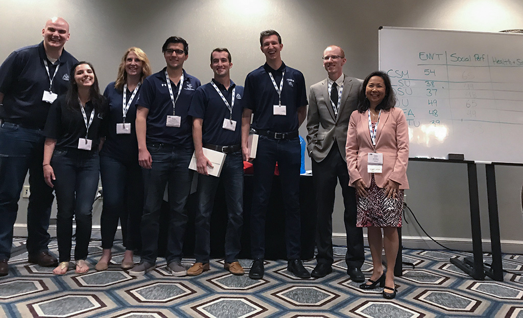 Members of the Mines team with Laura Johnson, training and development manager for safety, security, health, and environment at ExxonMobil (far right). Students from left: Zak Hartman, Danika Ahoor, Connally Reid, Emilio Gonzalez, James Blaney, Joe Brady. Photo credit: Adam Wilson, SPE.