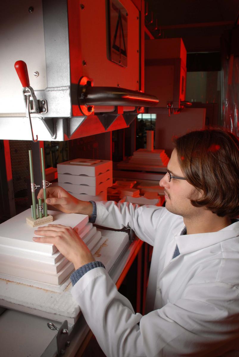 Ph.D. Student Daniel Storjohann (Mechanical Engineering Department) fabricates ceramic fuel cells in the Colorado Fuel Cell Center.